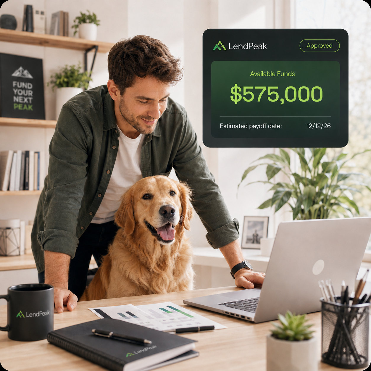 A small business owner with their dog reviewing approved LendPeak funding on a laptop