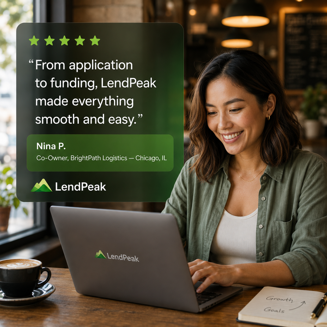 A small business owner using LendPeak from her laptop, with a 5-star testimonial card overlay